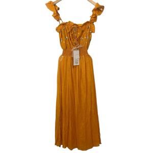 REVOLVE Orange Ruched Ruffled Midi Dress